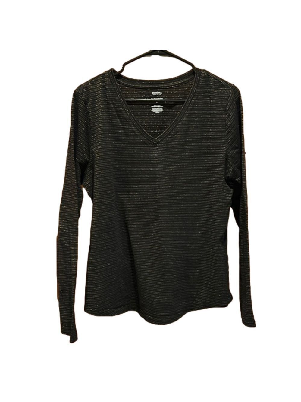 Sonoma Black with Gold Thin Stripes Long Sleeve V-Neck Everyday Tee Size Large